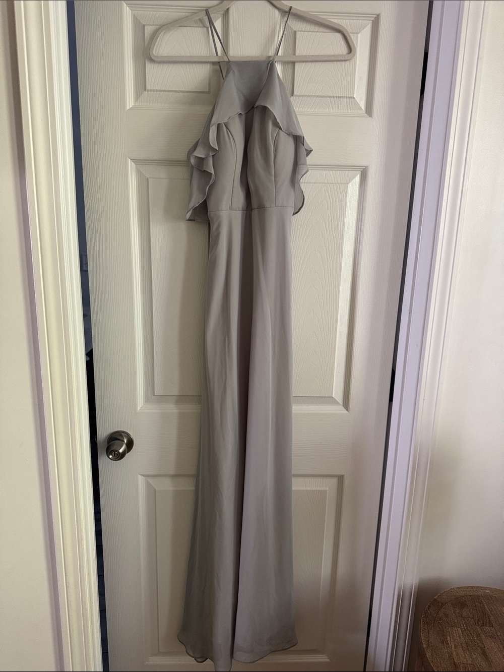 Bridesmaid Sleeveless Ruffle Halter Maxi Dress in Light Gray - Birdie Grey